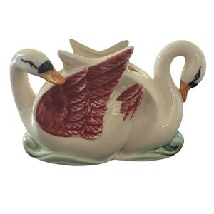 VTG Occupied Japan Ceramic Double Swan Hand Painted Mini Planter Flower Pot